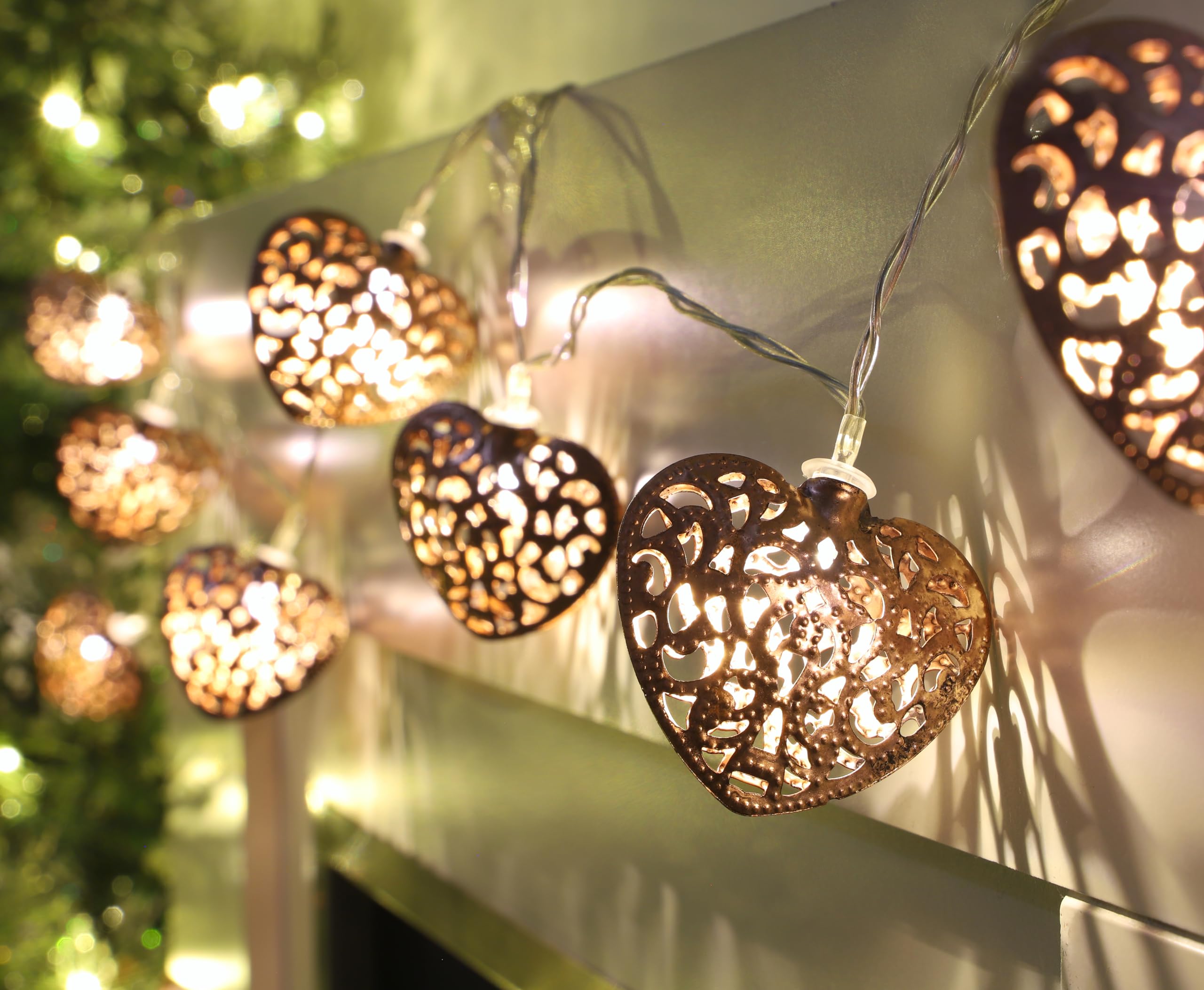 Christmas Concepts® 1.5m (5ft) 10 Chocolate Metal Heart Lights with Warm White LED Lights - Battery Operated