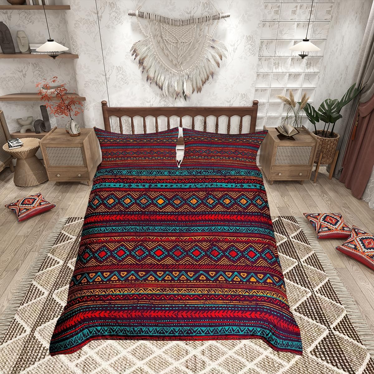 Loussiesd Bohemian Duvet Cover Set King Size Southwestern Indian Bedding Set Stylish Decorative Geometric Comforter Cover with 2 Pillowcases Striped Ethnic Style Soft Microfiber Zipper 3 Pcs Novely
