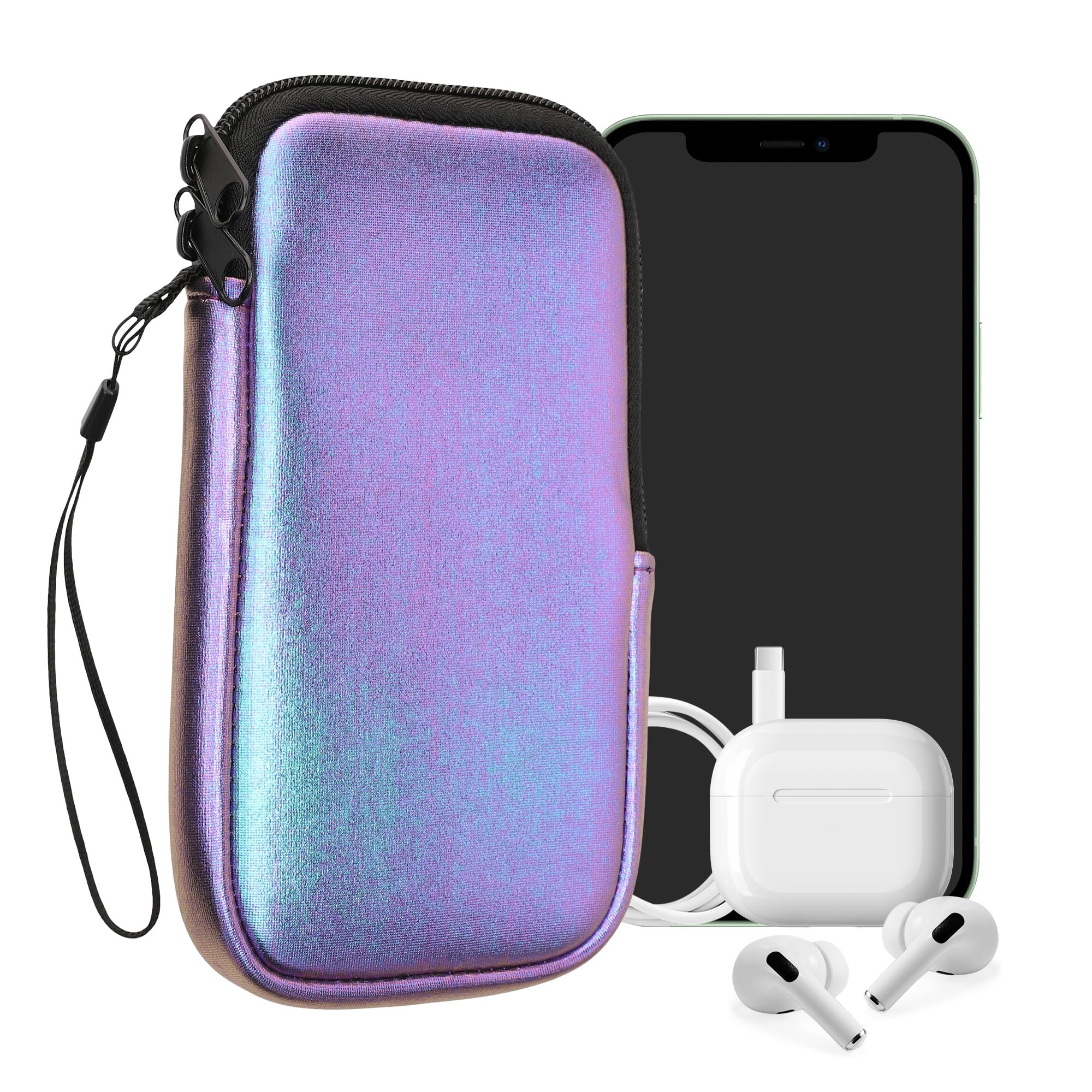kwmobile Neoprene Phone Pouch Size XL - 6.7/6.8" - Universal Cell Sleeve Mobile Bag with Zipper, Wrist Strap - Metallic Lavender