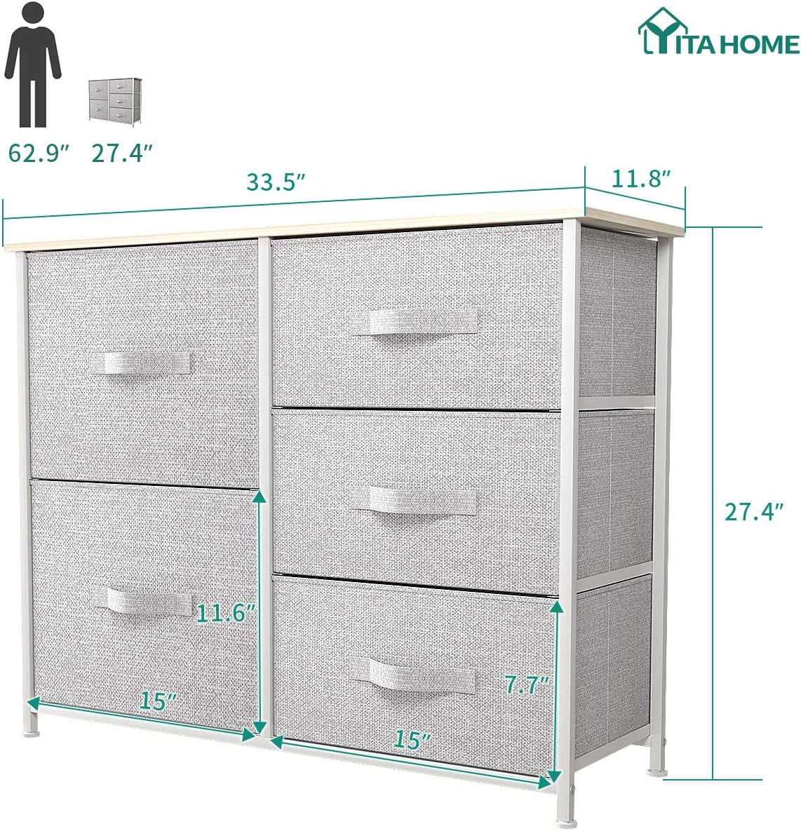 YITAHOME Dresser with 5 Drawers - Fabric Storage Tower, Organizer Unit for Bedroom, Living Room, Hallway, Closets & Nursery - Sturdy Steel Frame, Wooden Top & Easy Pull Fabric Bins: Home Improvement