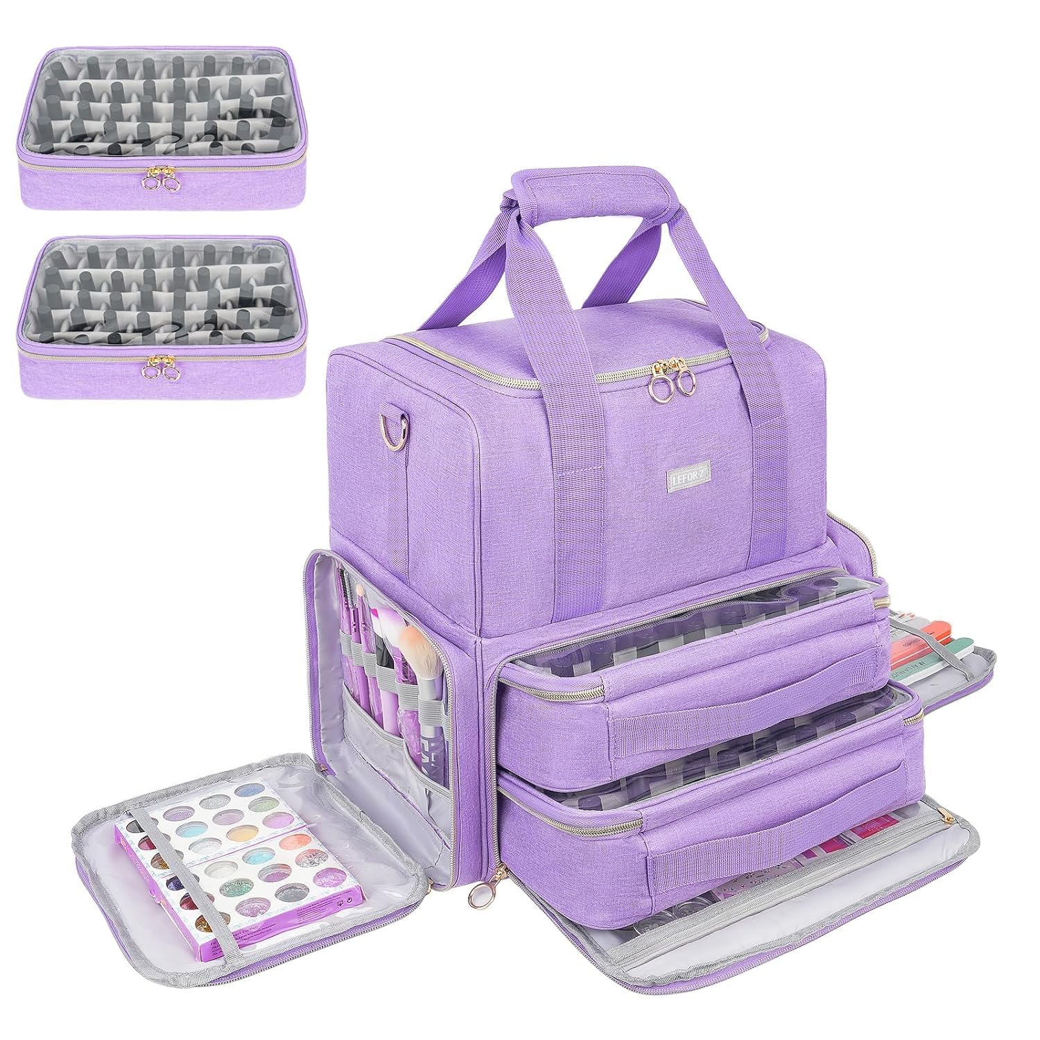 Purple Nail Organiser Case - Double Layer Carrying Bag Holds 80 Bottles - Includes Removable Bags & Nail Lamp