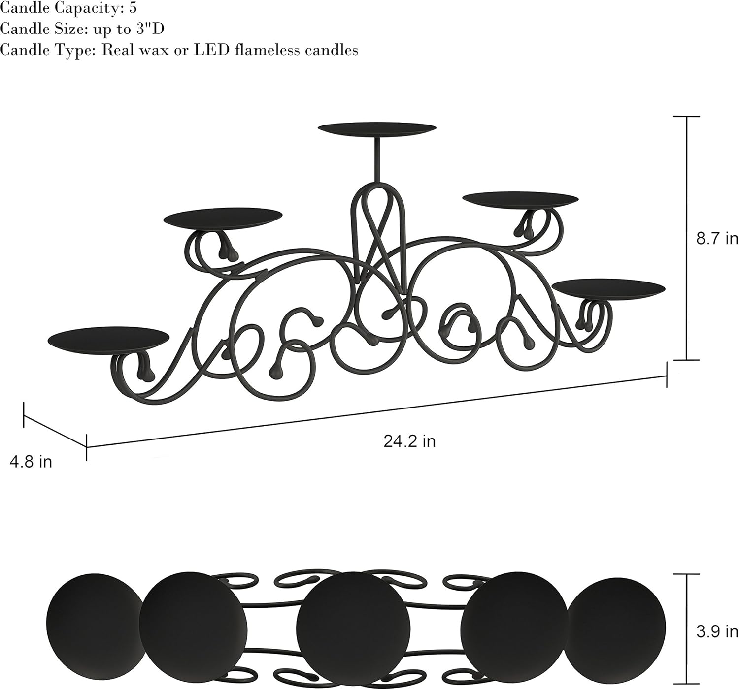 Lavish Home 5 Candelabra with Classic Scroll Design-Handcrafted Iron Candle Holder/Centerpiece for Home Decor, Wedding, Event (Matte Black): Home & Kitchen