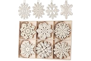 Lemonfilter 30Pcs Wooden Snowflakes Ornaments, Christmas Wood Hanging Decorations 4 Inches Snowflakes Shaped Embellishments Hollowed Christmas Tree Hanging Ornaments with 30pcs Rope