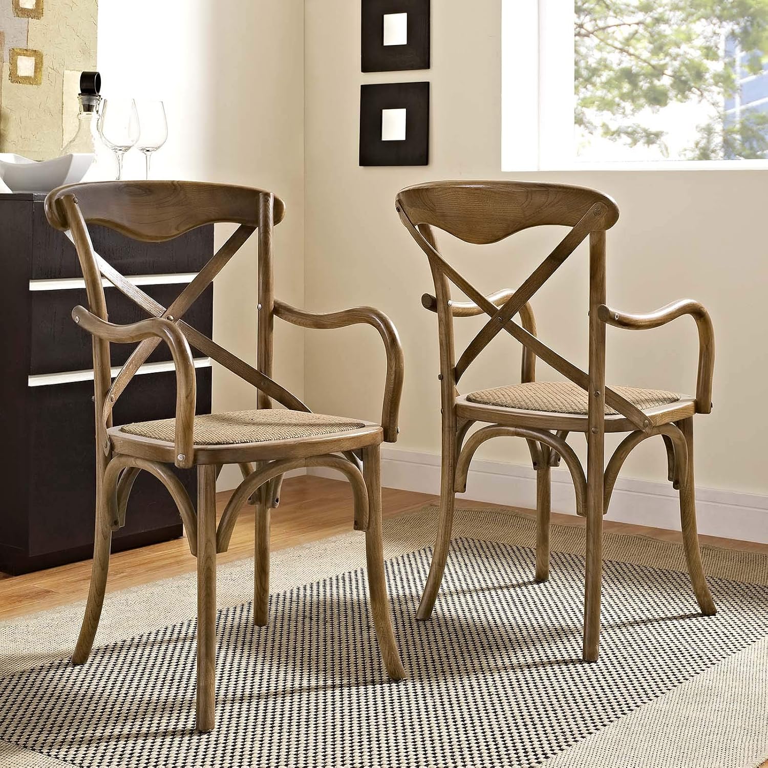 Amazon Com Modway Gear Rustic Modern Farmhouse Elm Wood Rattan Two Dining Armchairs In Walnut Furniture Decor