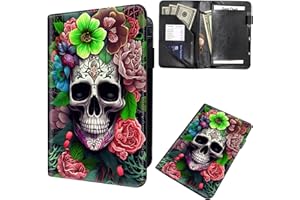 MXFDEGF Server Book for Waitress, Waiter Book Server Wallet Fit Serving Aprons, PU Leather with Zipper and 7 Large Pockets Pen Holder for Checks Pen Holder Personal Organizer Wallet,Skull Pink Rose Flower