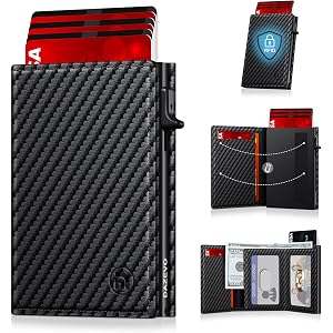 Minimalist Wallet for Men, RFID Blocking Pop Up Wallet with 2 ID Windows, Slim Trifold Front Pocket Metal Credit Card Holder