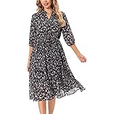 Shineflow Women's Short Sleeve V-Neck 3/4 Sleeve Button Up Chiffon Floral Pleated Midi Swing Dress with Belt