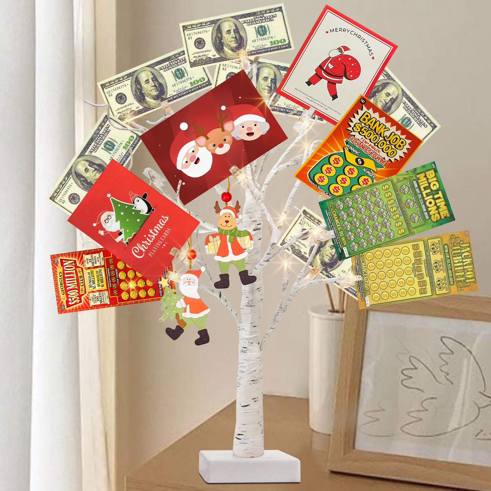 Photo 1 of PEIDUO Money Tree, 22 Inch Gift Card Tree Holder with 6 Clips and 6 Greeting Cards, 24 Warm White Birch Tree with Lights, Christmas Tree Card Holder for Birthday Wedding Indoor Xmas Decorations