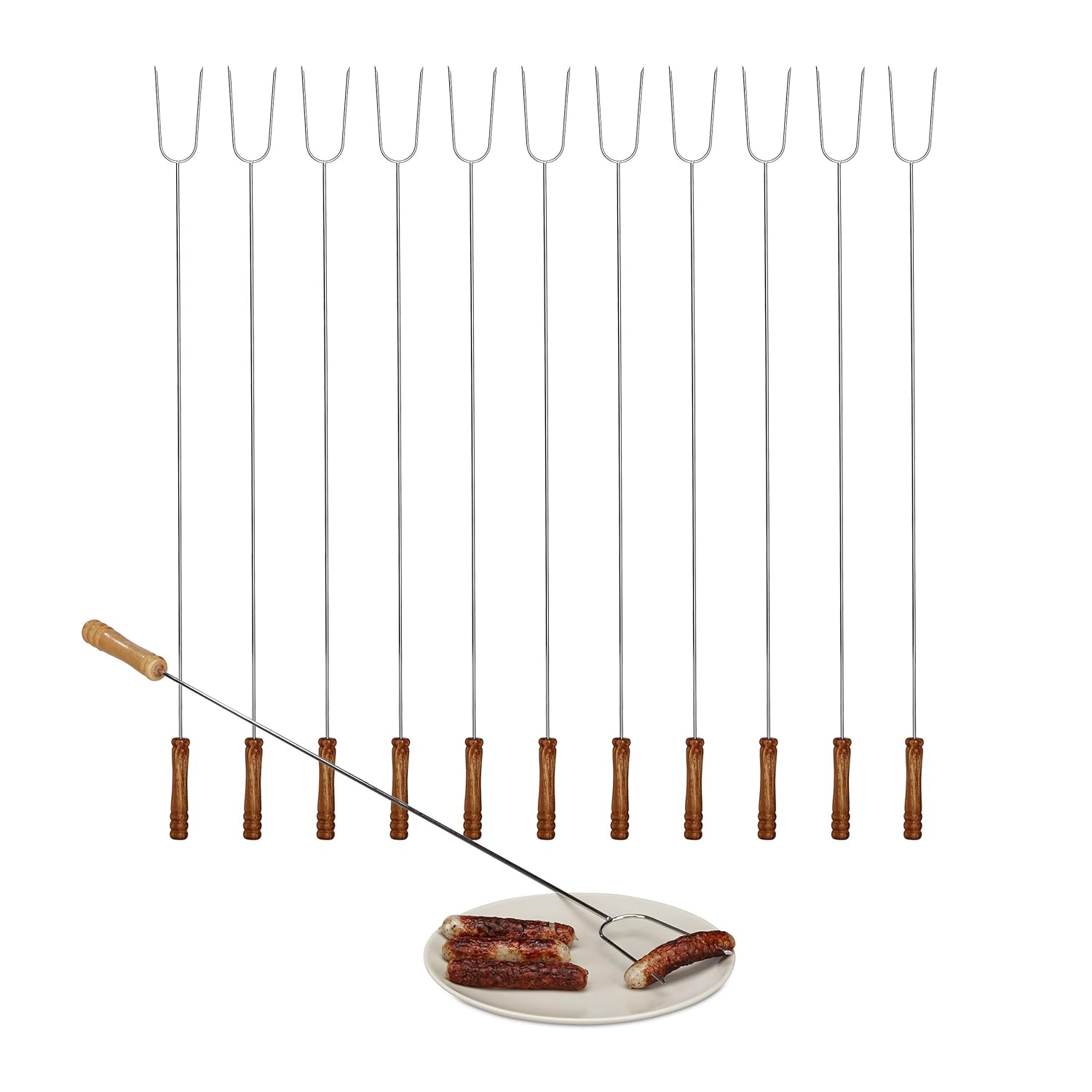 Relaxdays 12x Grillspieße, Holzgriff, Sicherer Abstand, Lagerfeuer