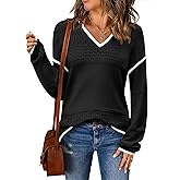 Zeagoo Womens 2026 Fall Sweaters Casual Long Sleeve Ribbed Knit Pullover V Neck Lightweight Crochet Pullover Sweater Top