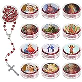 LipLopBest 24 Pcs Virgen De Guadalupe Necklace, Our Lady of Grace Party Favor Catholic Gifts with Box Saint Jude Red Rosary Beads Necklace for Funeral Baptism First Communion Party