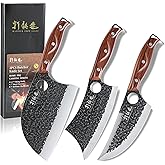 3PCS Butcher Knife Set, 7" Butcher Meat Cleaver, 7" Serbian Chef Knife and 6.5" Viking Knife, Hand Forged Kitchen Knife Set with Plastic Handle, Geat for Home, Camping, BBQ (Unique Finger Hole Design)