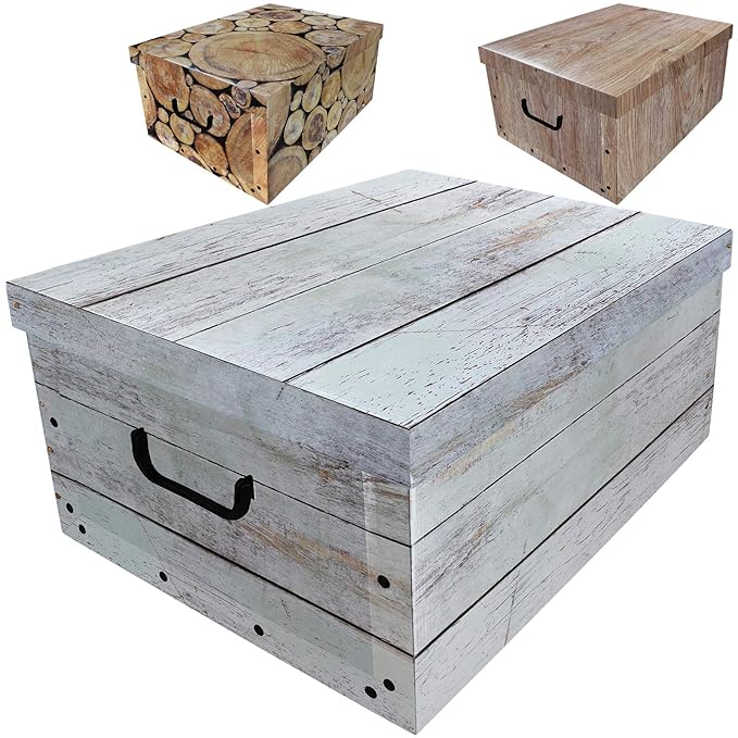 Aufbewahrungsbox 45L mit Deckel Holz Design 3er Set Pappe Aufbewahrungskiste Truhe Aufbewahrung Schachtel