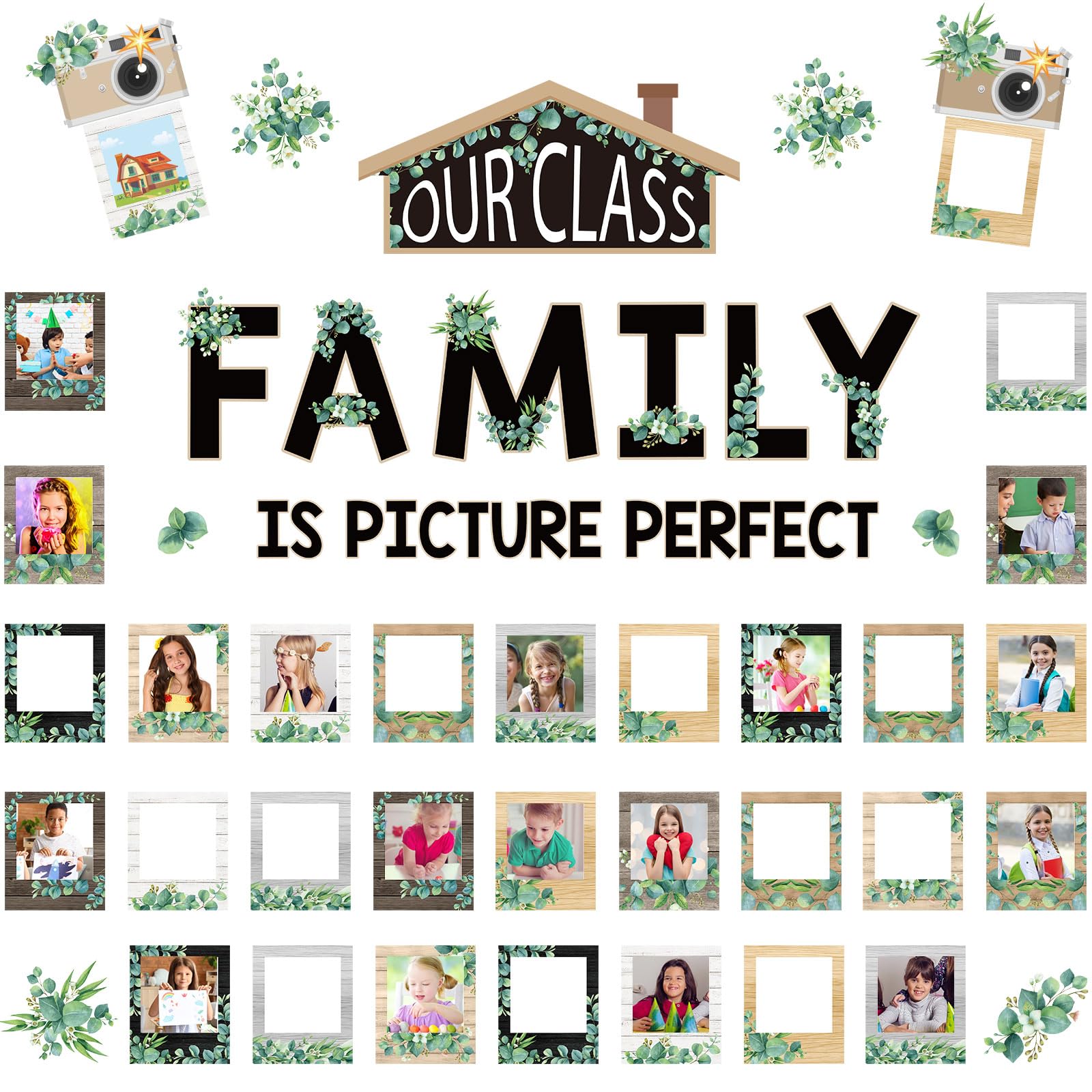 Photo 1 of Pasimy Picture Frame Bulletin Board Set for Classroom Decoration Our Class Family is Picture Perfect Photo Frame Cutout for Teachers Back to School Classroom Wall Chalkboard Door Decor(Eucalyptus)
