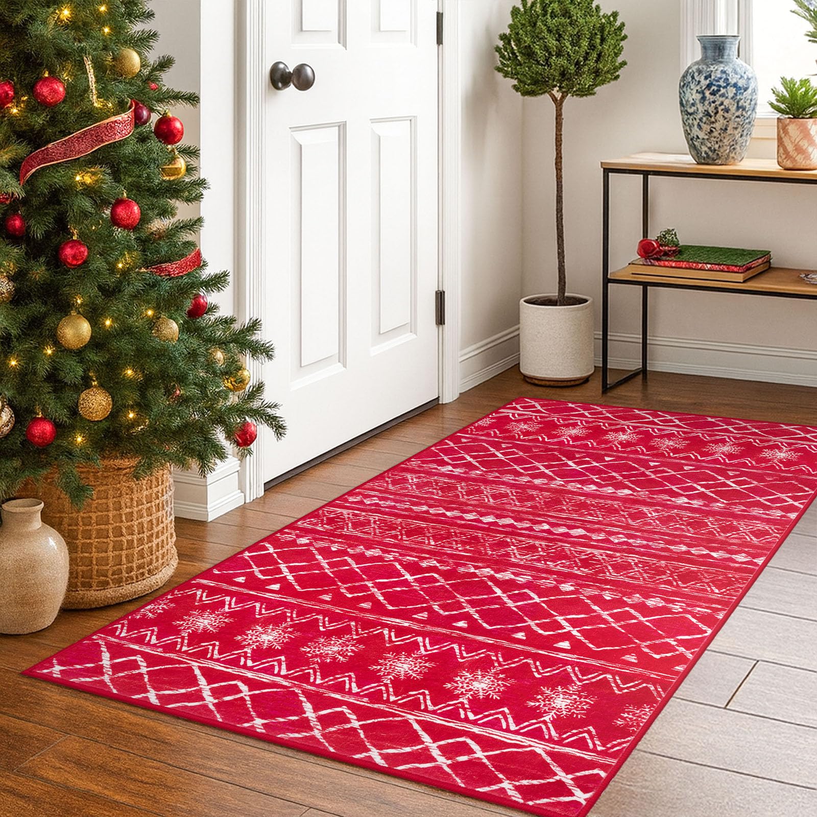 KUTA 3x5 Christmas Rugs for Entryway, Moroccan Boho Washable Area Rugs for Living Room Non Slip, Red Ultra Soft Print Distressed Geometric Low-Pile Entry Throw Carpet for Bedroom Nursery Dorm Image