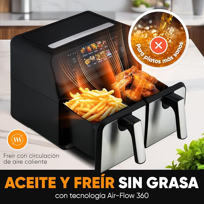 Proficook, Freidora de Aire Caliente Doble Compartimento 8L PC-FR1287H, 2 Recipientes de 4L, Acero Inoxidable, 9 Programas Automáticos, Ahorro de Energía, Apagado Automático, Freidora de Aire