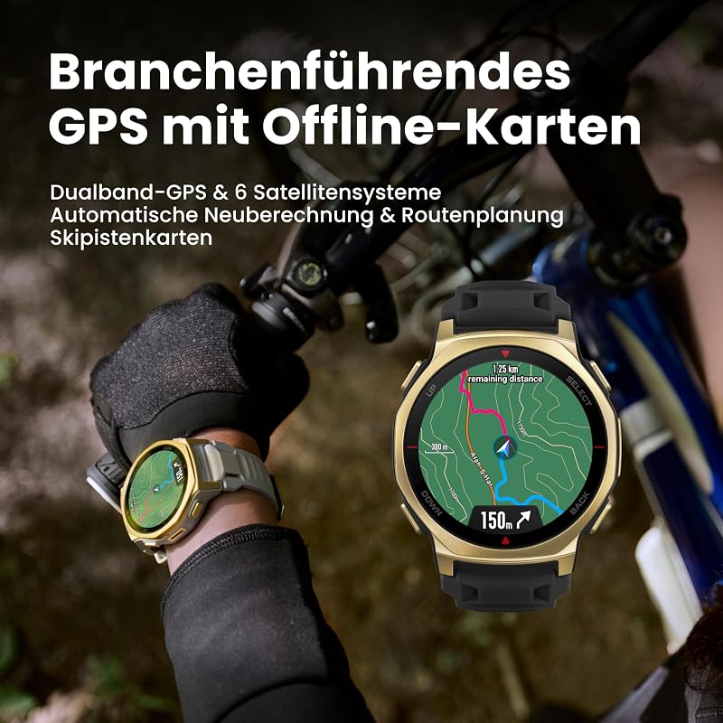 T-Rex 3 Pro Outdoor Smartwatch 44 mm Saphir-AMOLED, Taschenlampe, Titanlünette, Dual-Band GPS, Offline-Karten, bis zu 17 Tage Akku, 10 ATM, 180+ Sportmodi, Android & iPhone, Arktisches Gold