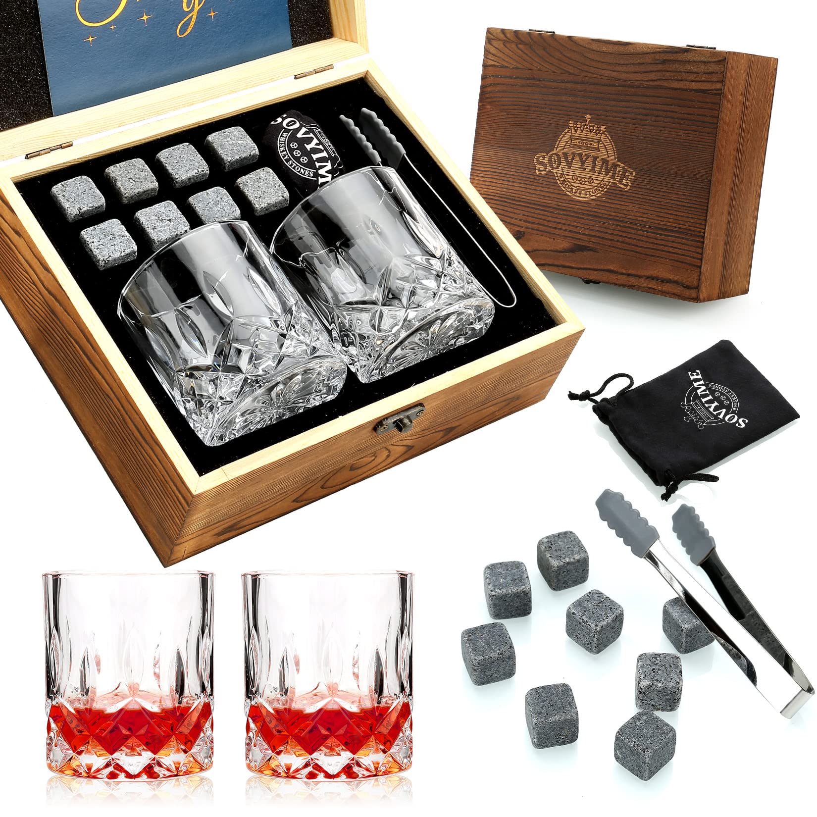Whisky Stones Glasses Gift Set, 2 Scotch Glasses 8 Granite Chilling Rocks, Wooden Gift Box Burbon Present for Whisky Lovers/Men/Christmas/Birthday/Father’s Day (Round)