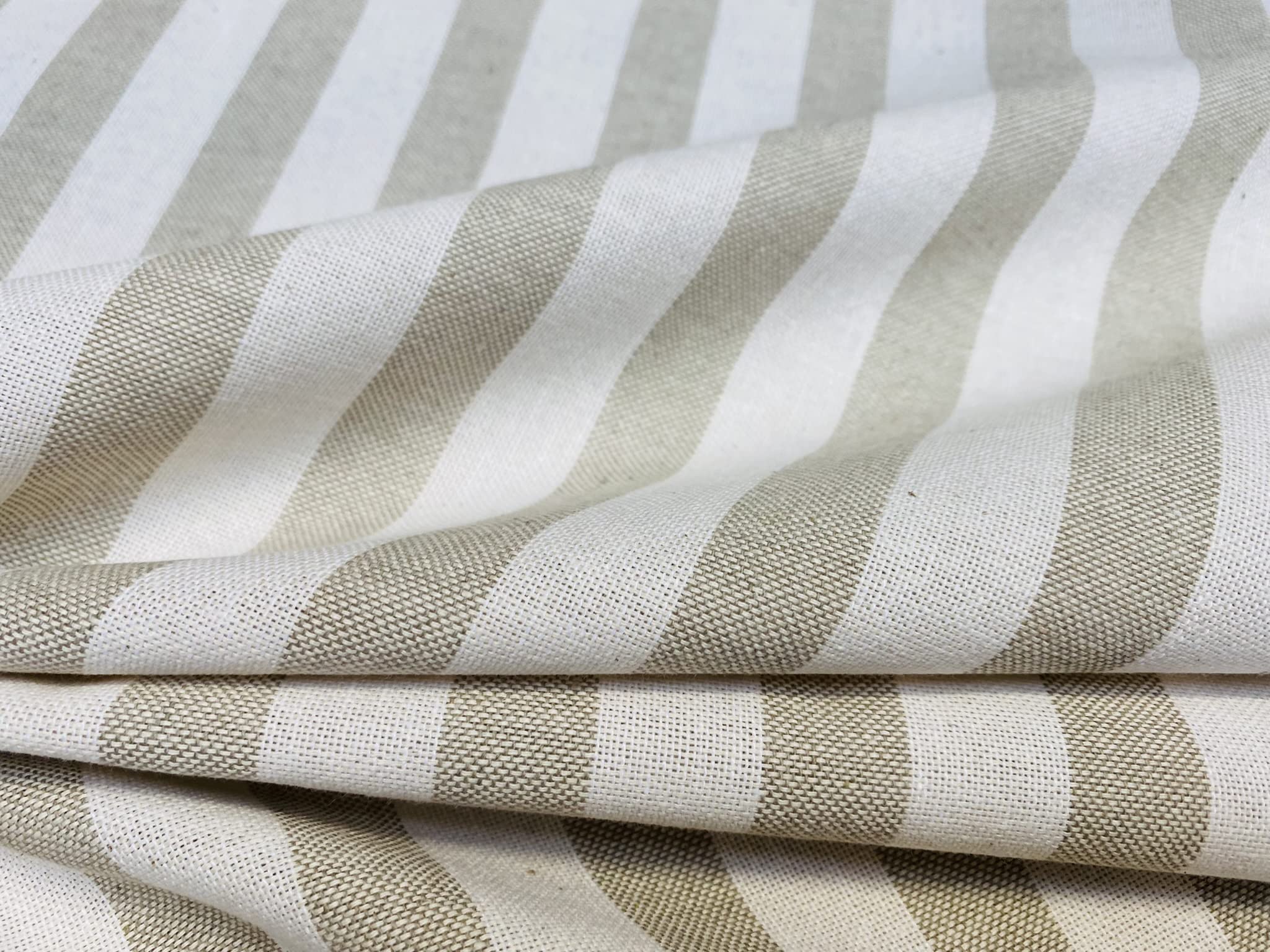 Linen Look White Stripes Culla Fabric Furnishing Curtain Upholstery Dressmaking Cotton Material 140cm Wide Canvas (Natural, 2 Metres)