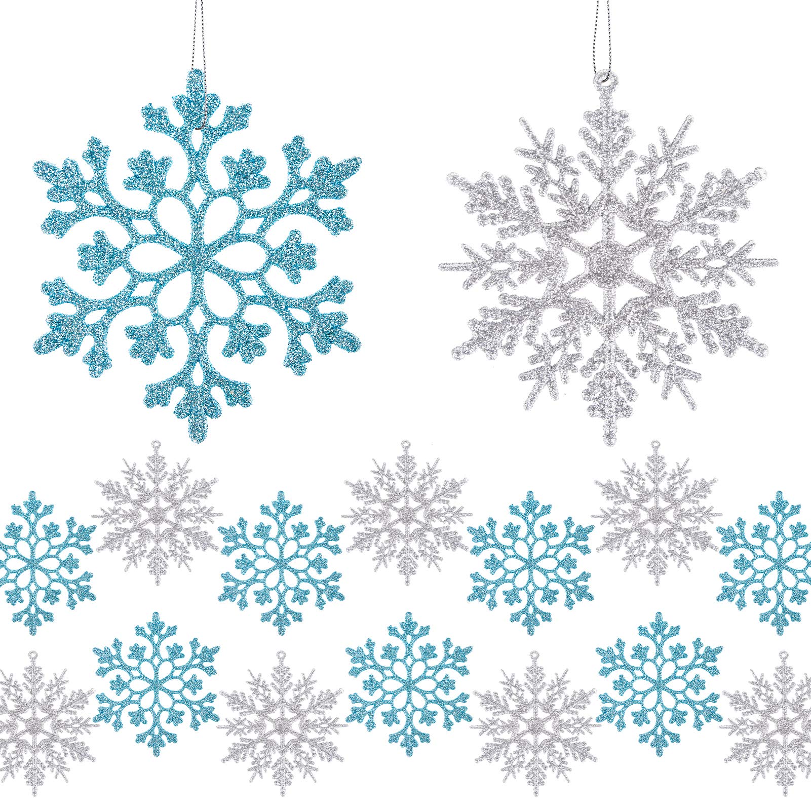 MELLIEX 24pcs Christmas Snowflake Ornaments Tree Hanging Pendants Christmas Glitter Snowflake Decorations with Ropes