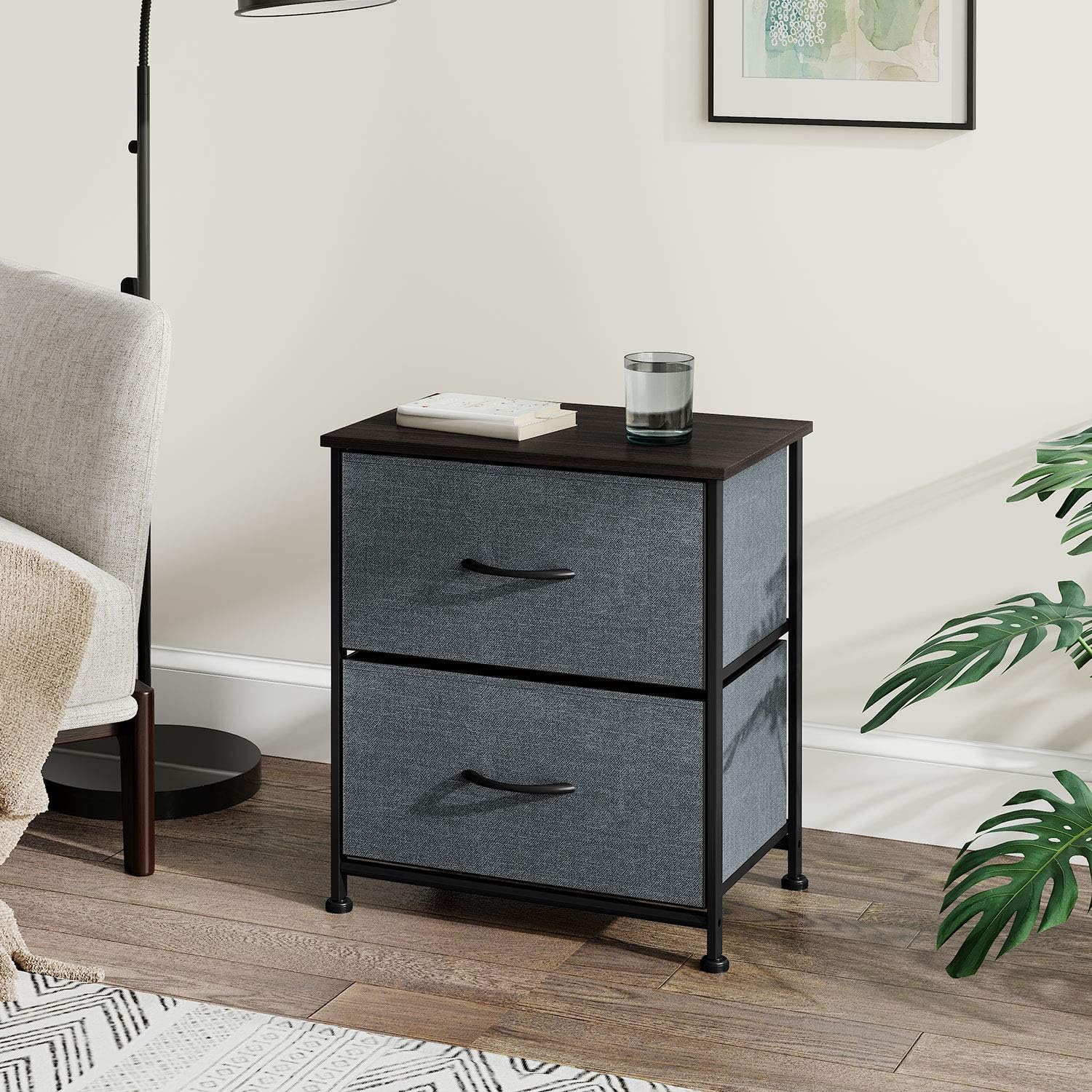 WLIVE Nightstand with 2 Fabric Drawers，Bedside Furniture & End Table Dresser for Bedroom, Living Room, Steel Frame, Wood Top, Easy Pull Handle -