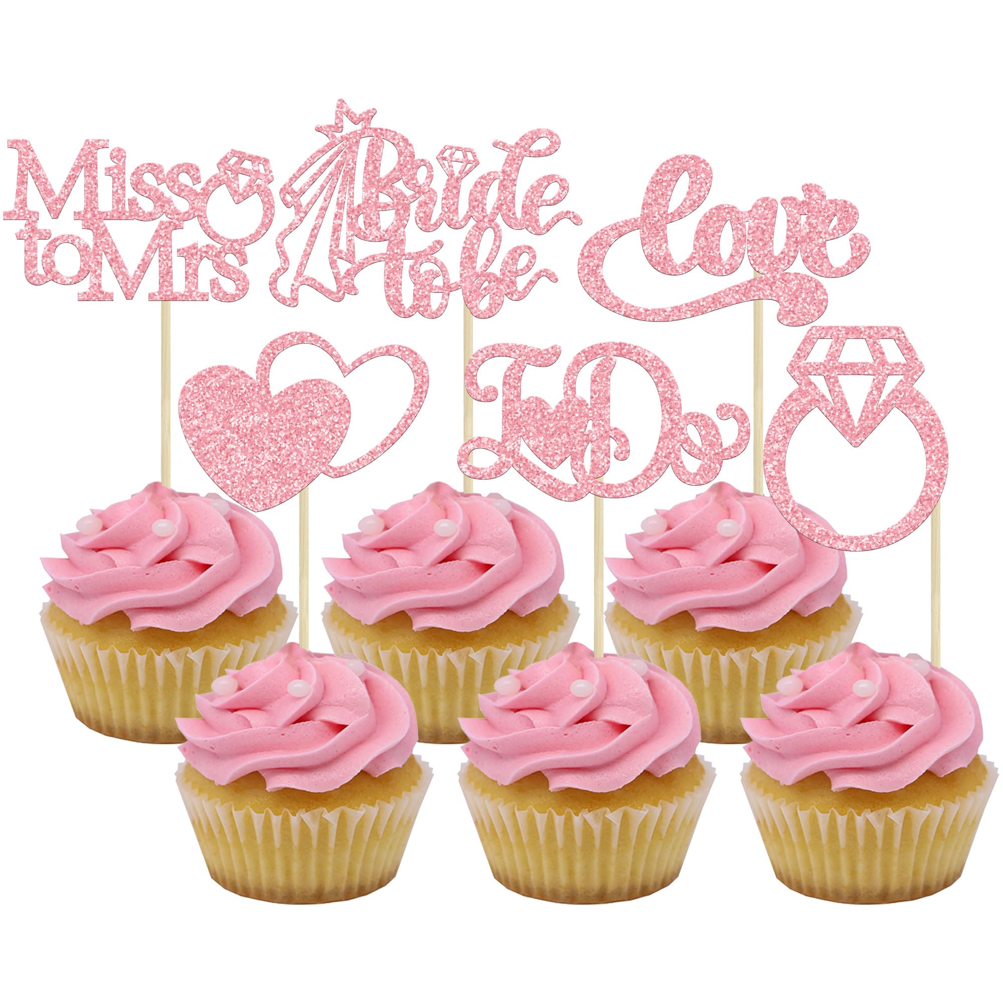Gyufise 24Pcs Bride to Be Cupcake Toppers Pink Glitter I Do Love Heart Ring Miss To Mrs Cupcake Picks Bridal Shower Cake Decorations for Wedding Engagement Bachelorette Party Supplies