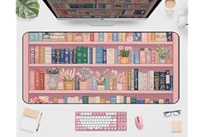 Cute Bookshelf Deskmat, Pink Desk Pad Mousepad XXL, Game Pad, Large Office Desk Keyboard Mat, Anti Slip Rubber Base and Sewn 