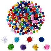 Mabor 200 Pcs Glitter Pom Pom Balls, 0.59 inch Multicolor Assorted Sparkle Glitter Poms Balls for Fluffy Craft Pompoms for Art Crafts, DIY Decorations