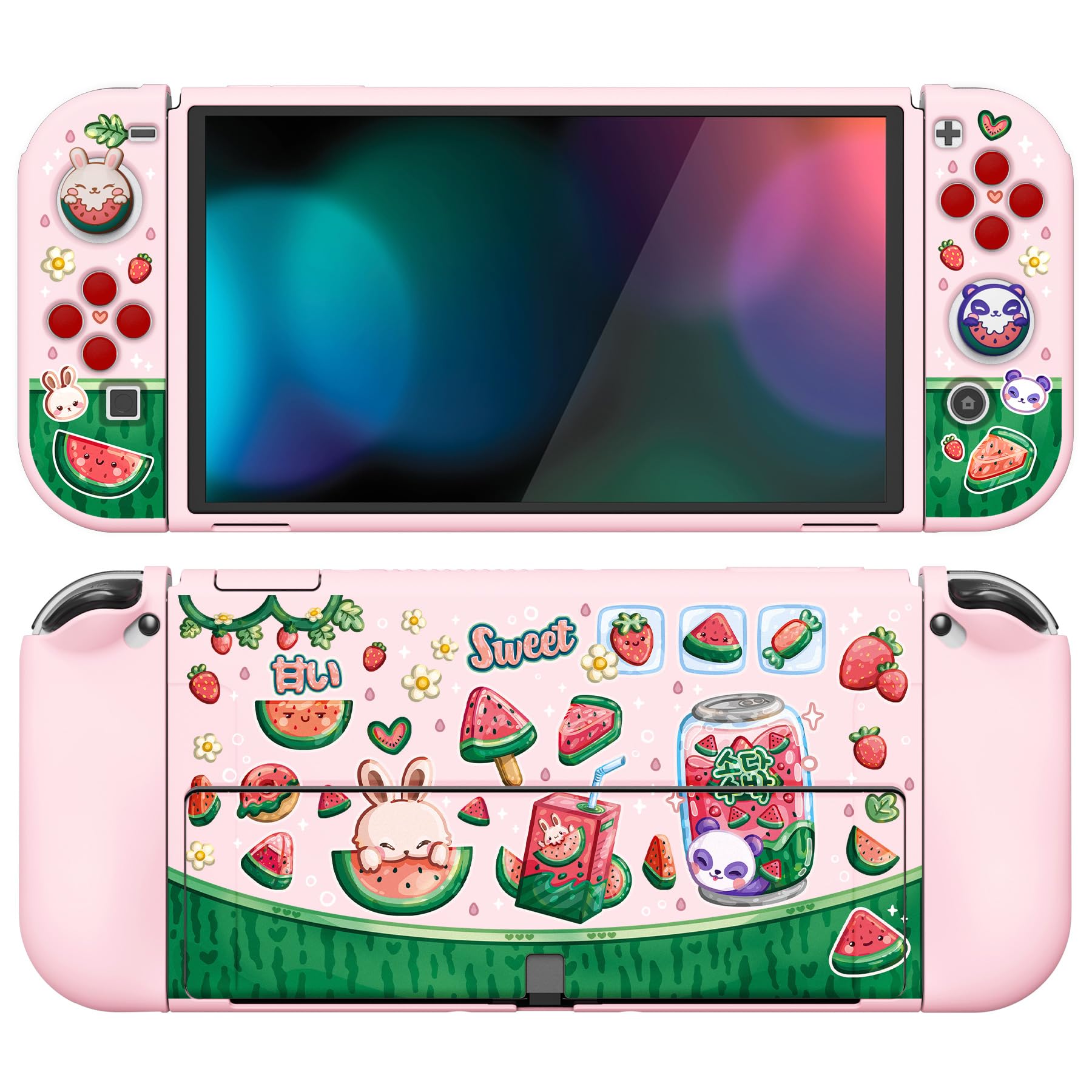 PlayVital ZealProtect Soft Protective Case for Nintendo Switch OLED, Flexible Protector Joycon Grip Cover for Nintendo Switch OLED w/Thumb Grips & ABXY Direction Button Cap - Watermelon Sweet Treats