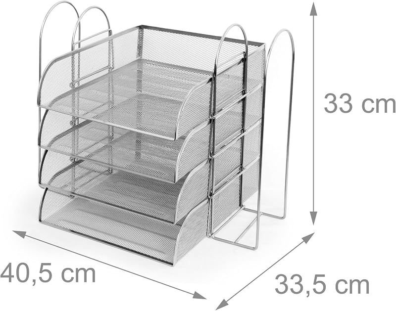 Tabuleiro de Documentos Metálico A4, 4 níveis, 2 estantes para carregadores, 33 x 40,5 x 33,5 cm, Organizador, prateado