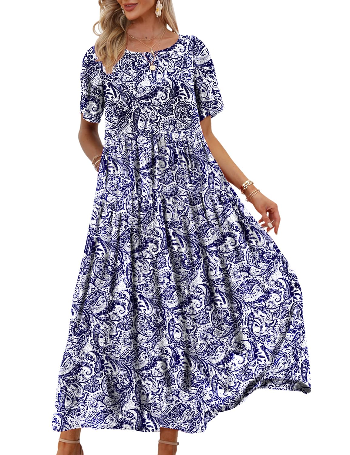 Photo 1 of YESNO Women Casual Loose Bohemian Floral Dress with Pockets Short Sleeve Long Maxi Summer Beach Swing Dress XL EJF CR148