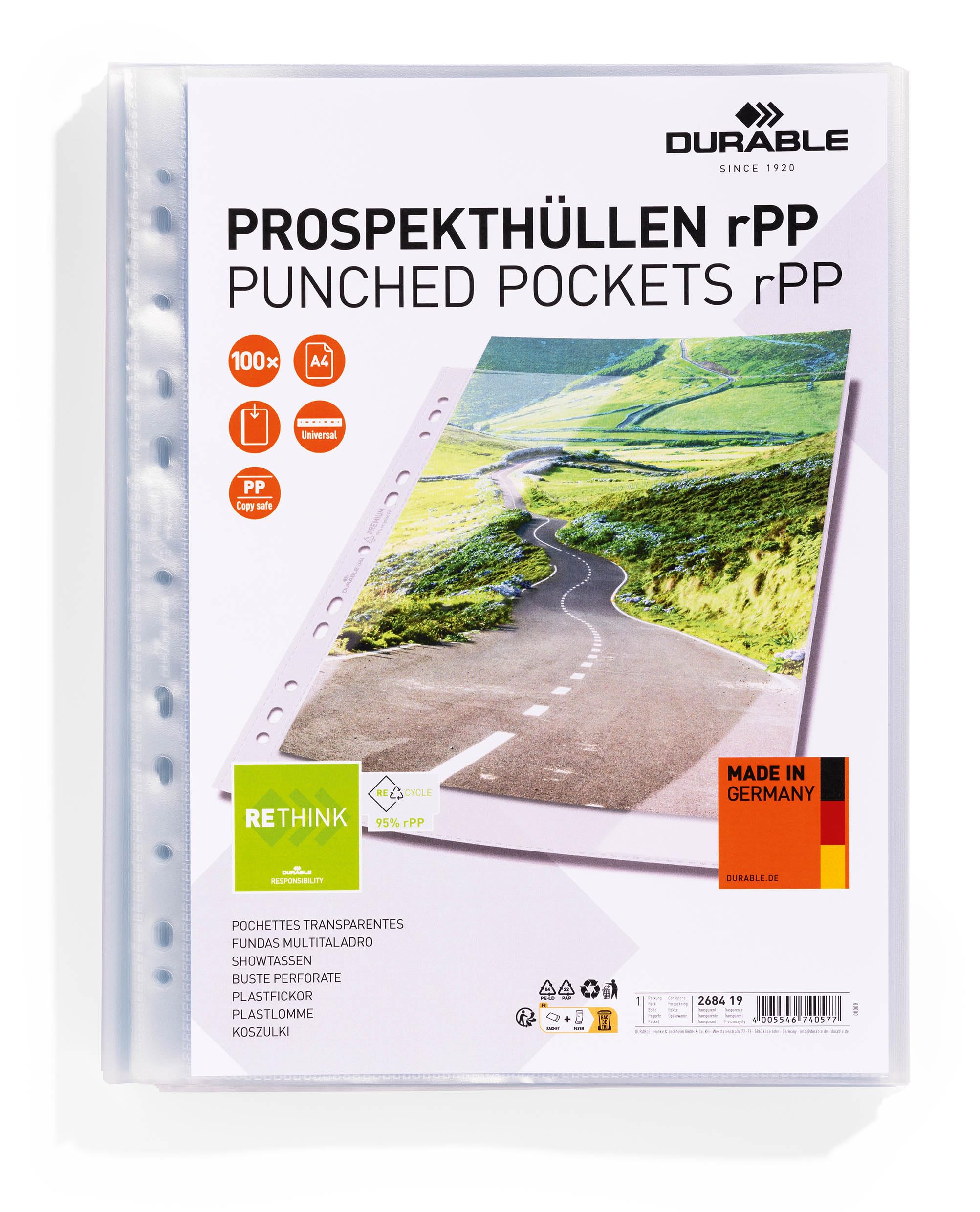 Durable Transparent Punched Pockets A4 - Made of Recycled PP - Universal Punching for Easy Storage of Documents - Pack of 100