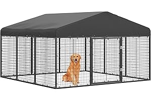ATTAV 118" x 118" Outdoor Dog Kennel Steel Ideal Dog Fence for Medium/Small Dogs Anti-Rust Coating Cage with Roof All Weather Resistant Dog House with Double Locks