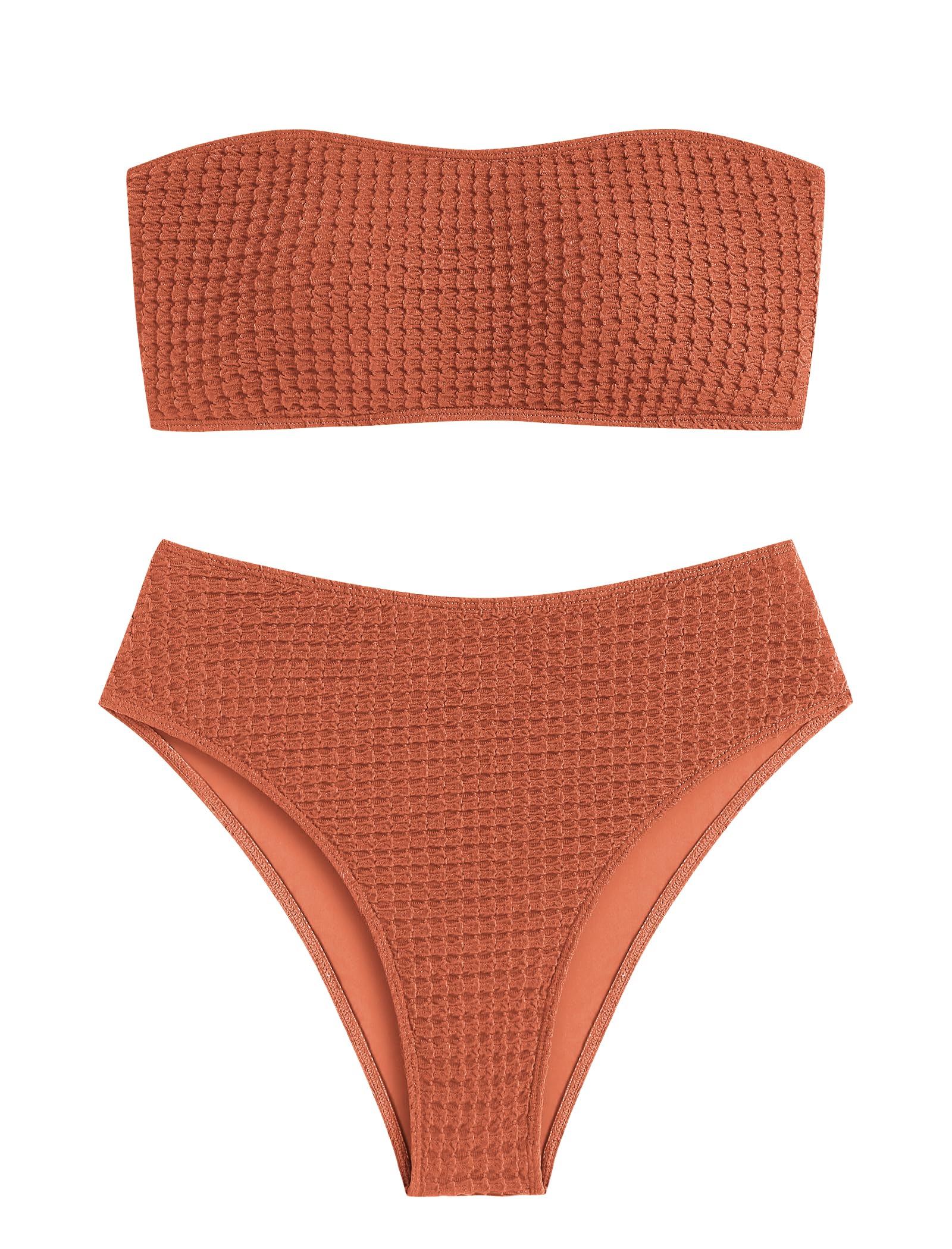 Photo 1 of ZAFUL Women's Textured Bandeau Bikini Strapless Solid Color 2 Pieces Bathing Back Lace-up Suit Swimsuit (7-Caramel,M)