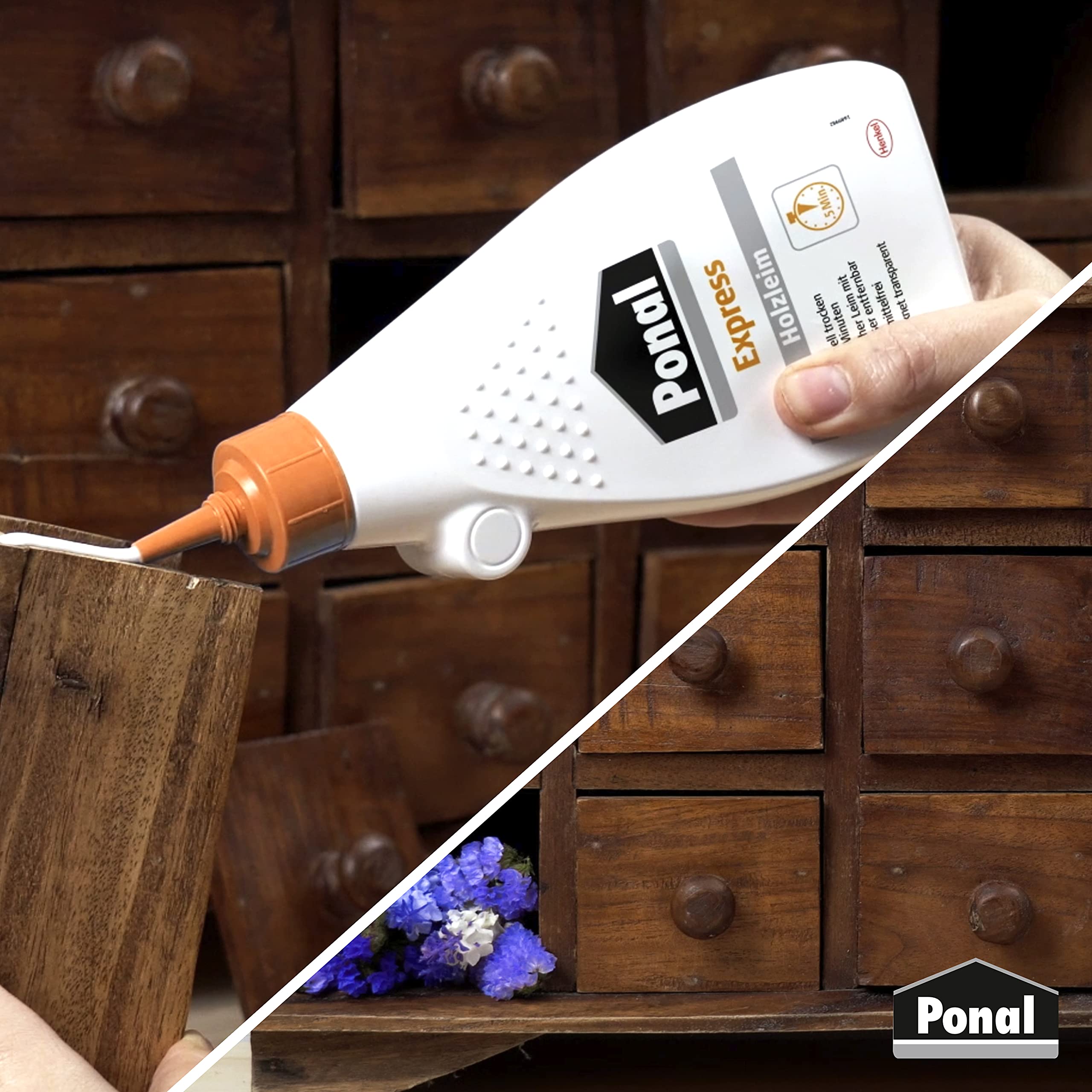 Ponal Express Holzleim, transparent und schnell trocknender Holzkleber für vielseitige Verleimungs- & Bastelarbeiten, wasserfester Leim in praktischer Flasche, 1x550g 4