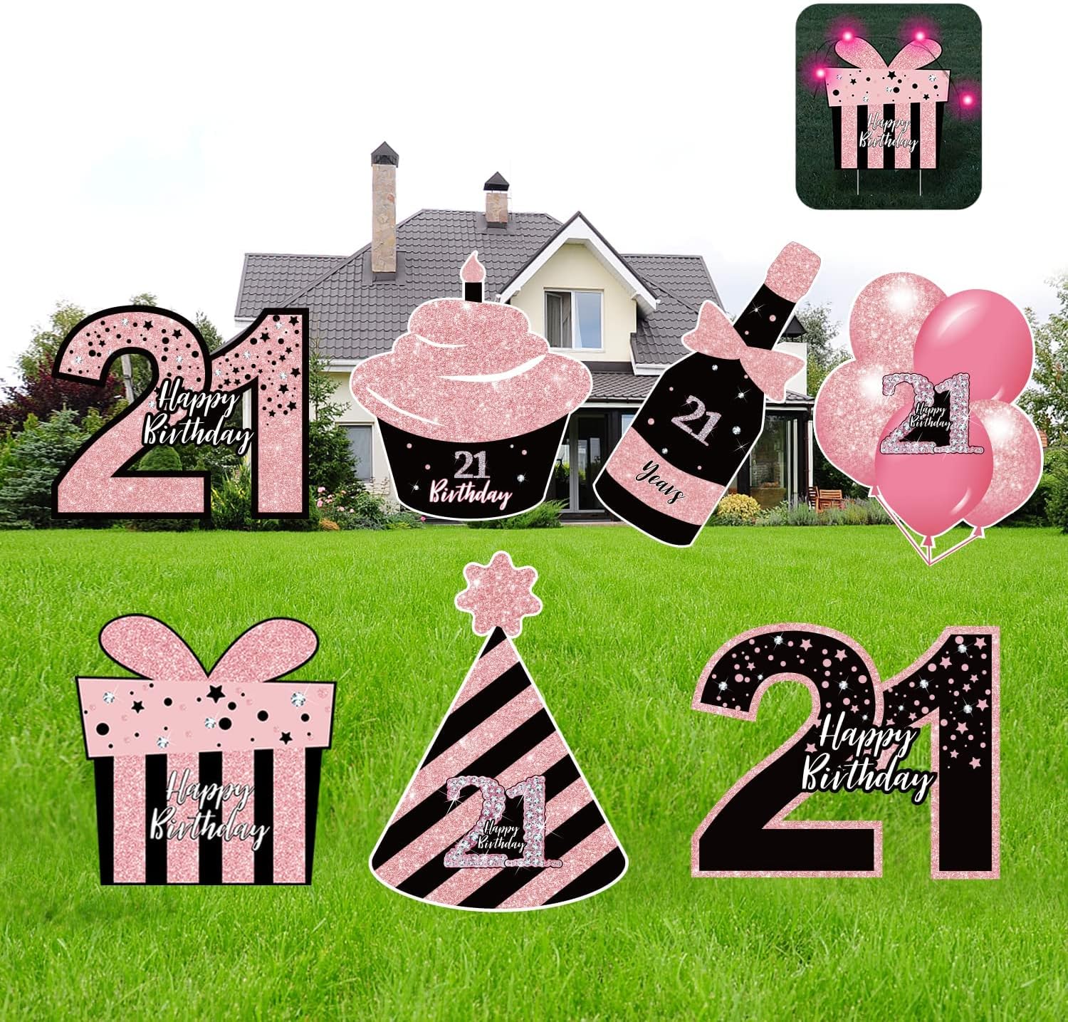 Yard Signs - ComboJoy 21st Birthday Decorations for Her - 7PCS Black & Pink 21st Birthday Yard Signs with Stakes, 2PCS LED Lights, Sparkling at Night, Weatherproof, Perfect Outdoor Lawn Decorations