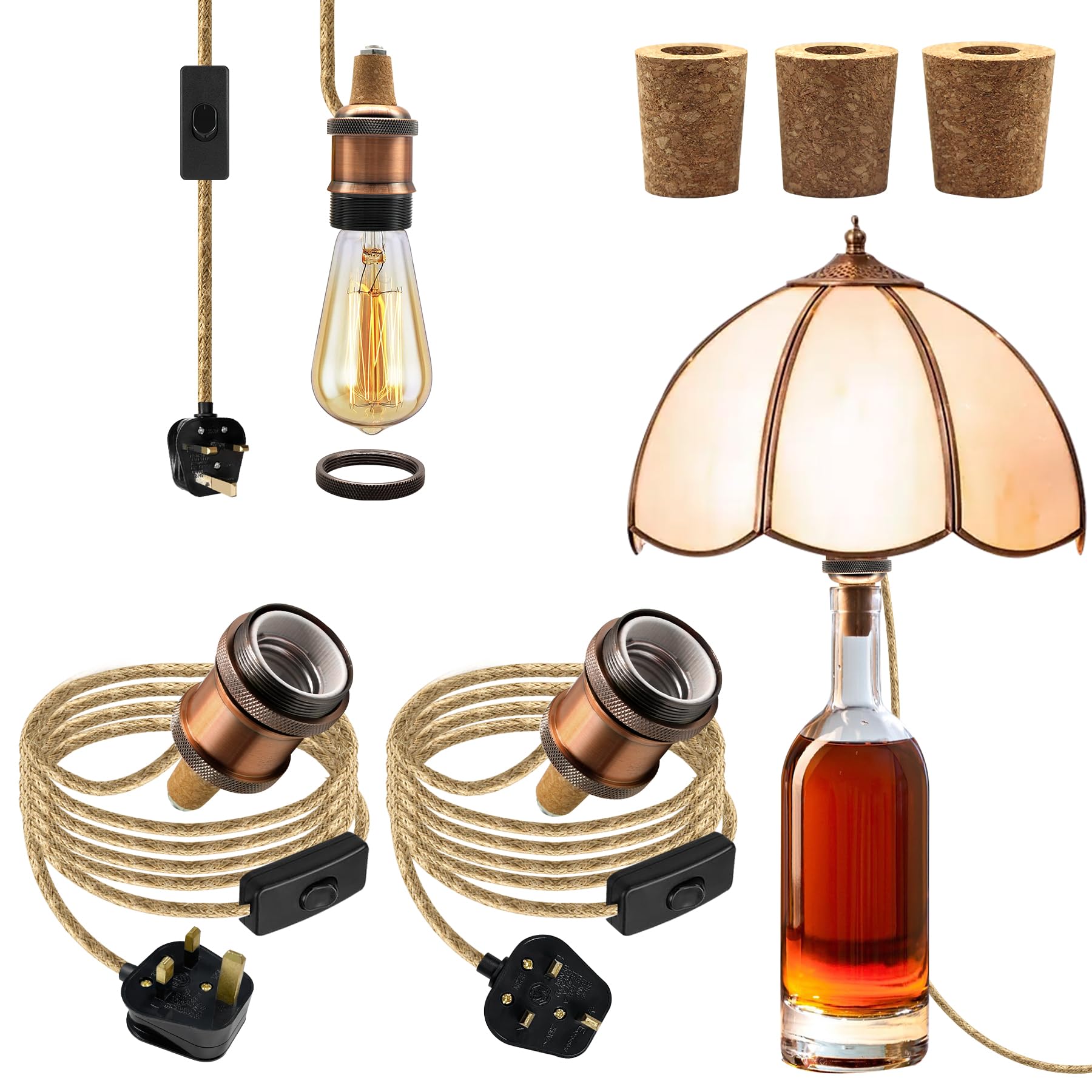 Bottle Lamp Kits, 2Pcs Lamp Kits for Do It Yourself, 8Ft Rose Gold Bottle Lamp Adaptor Kit E27 Ceramic Bottle Lamp Holder Brass Wine Bottle Table Lamp DIY Lampshade Kit for Home,3 Types of Bung