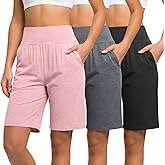 Neer 3 Pack Women's Bermuda Shorts, High Waist Cotton Stretch Casual Bottoms Knee Length Summer Athletic Short with Pockets(Black, Pink, Dark Mixed Gray,Medium)