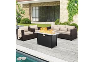 OASISHINE 4 Pieces Outdoor Patio Furniture Set 43 in Outdoor Fire Pits Wicker Outdoor Furniture Chairs and Sofa 60000 BTU Outdoor Propane Fire Pit Table Non-Slip Cushions and Waterproof Covers, Khaki