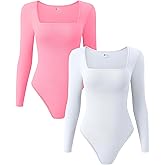 OQQ Women's 2 Piece Bodysuits Sexy Ribbed One Piece Square Neck Long Sleeve Tops