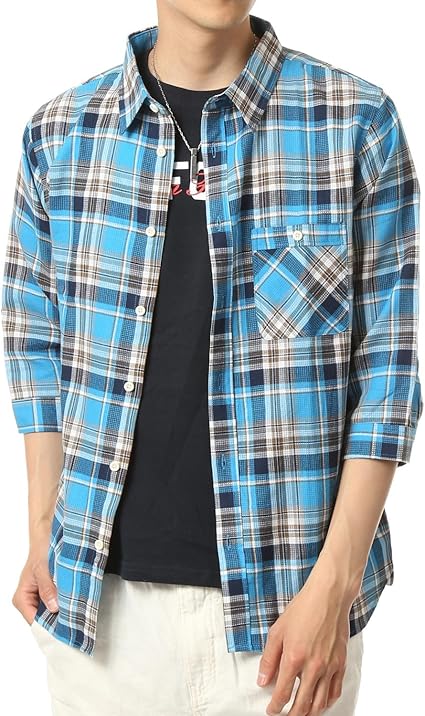 Amazon イナセ Inase 綿麻 リネン 7分袖 シャツ チェック ワッフル メンズ カジュアルシャツ M 16 マドラスブルーチェック シャツ 通販