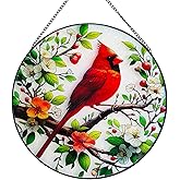 BDHRKTE Cardinal on Branch Stained Glass Window Hanging, Red Bird Memorial Suncatcher,Bird Ornaments,Cardinal Gifts for Women Mom Grandma 7.87"