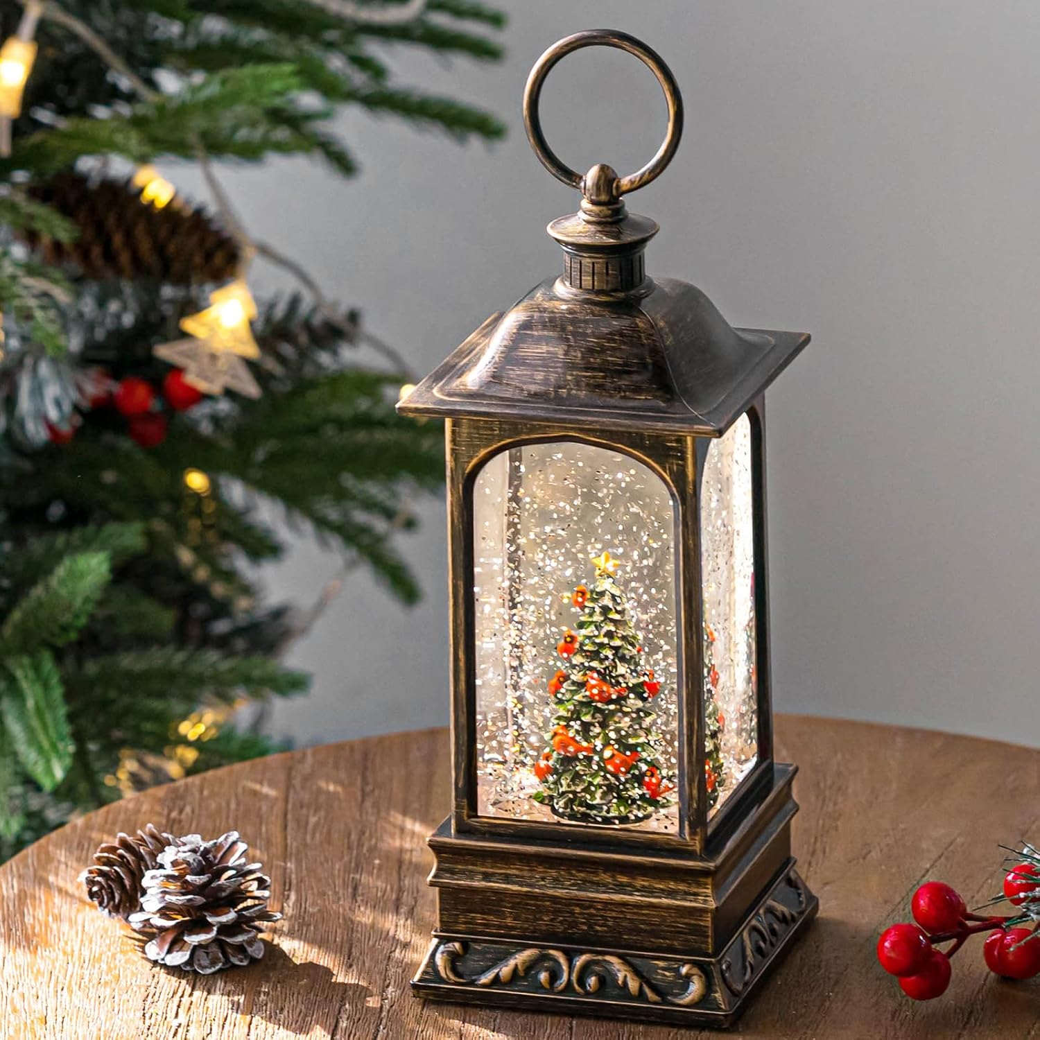 Snow Globes - Christmas Snow Globes, Cardinal Christmas Tree Water Lantern, USB Powered & Battery, Holiday Decorations Gifts for Family, Children or Friends （NO Music）