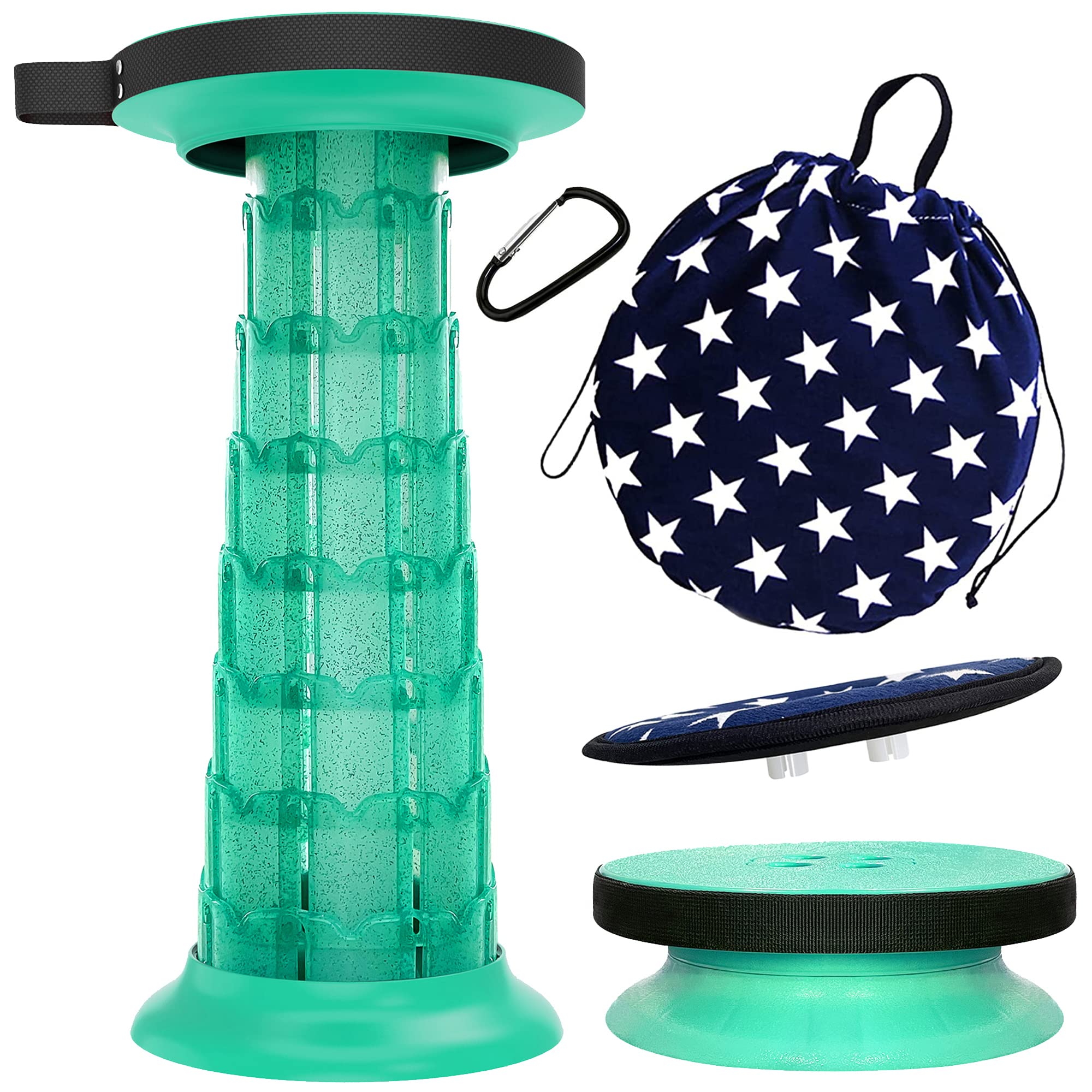 ALEVMOOM 20.4“Portable Telescopic Stool with Cushion, Collapsible Stool Retractable More Sturdy Capacity 440Ibs, Lightweight Camping Stools Folding Stool for Garden Fishing Hiking BBQ with Bag (Green)