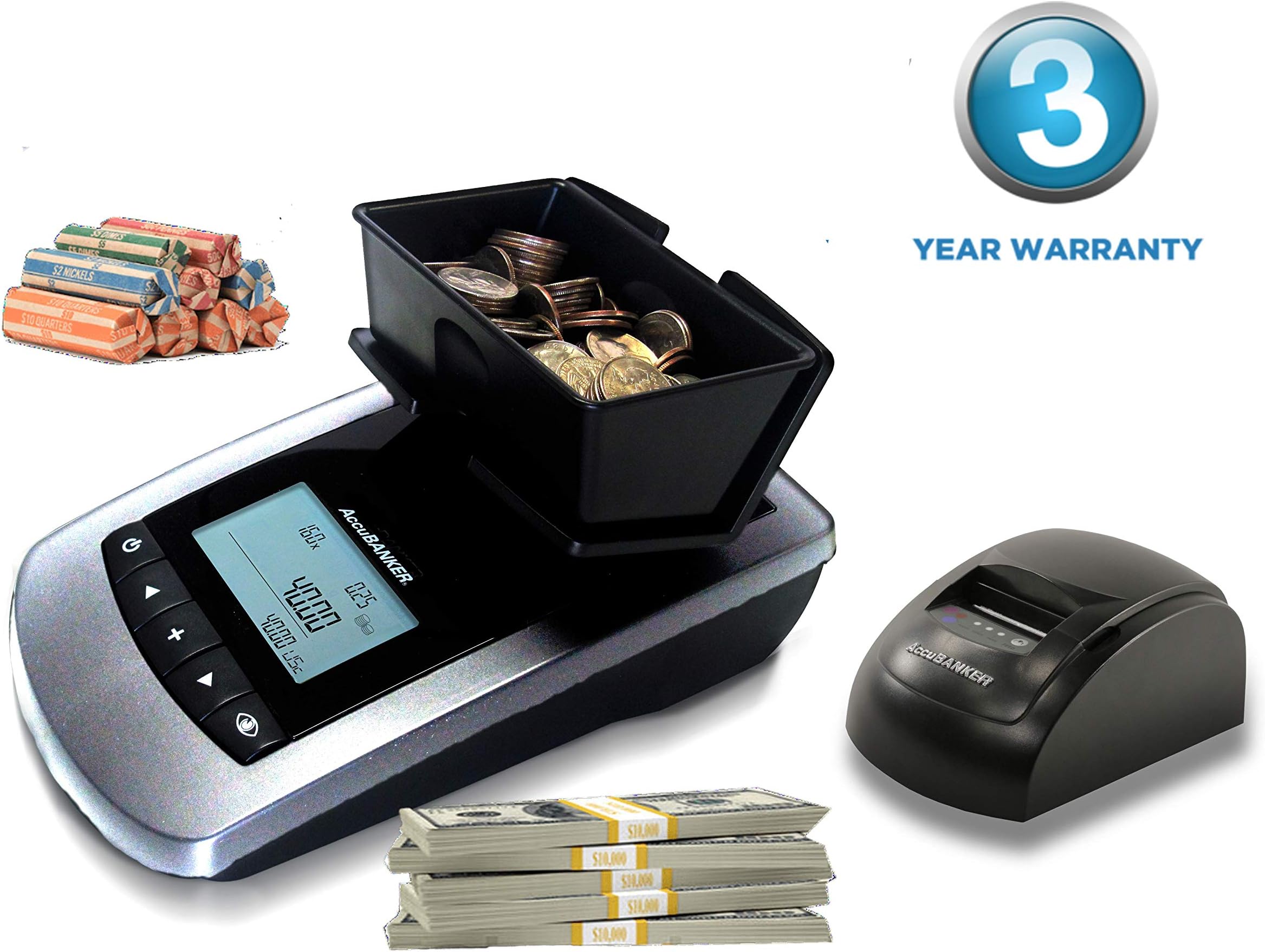 AccuBANKER MS10 Portable Money Scale and Printer Bundle, Multi-Currency USD-CAD-EUR Bill and Coin Counter Counts Both Loose and Rolled/Strapped Bills/Coins (New MP20 Printer Included)