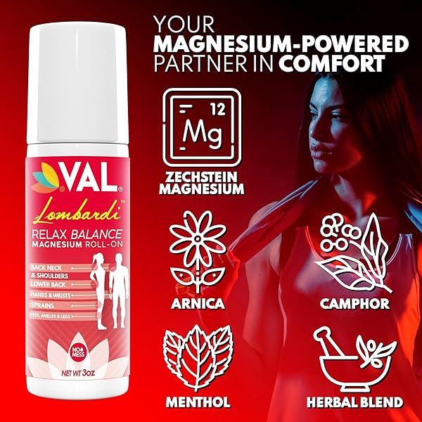 VAL LOMBARDI JOINT & MUSCLE THERAPY MAGNESIUM ROLL-ON | ZECHSTEIN MAGNESIUM LOTION WITH ARNICA & HERBAL BLEND | 3OZ