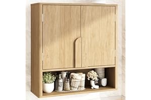 RUSTOWN Bathroom Wall Cabinet, 3-Tier Modern Accent Medicine Cabinet W/Curved Handles & Adjustable Shelf, 2 Doors Over The To