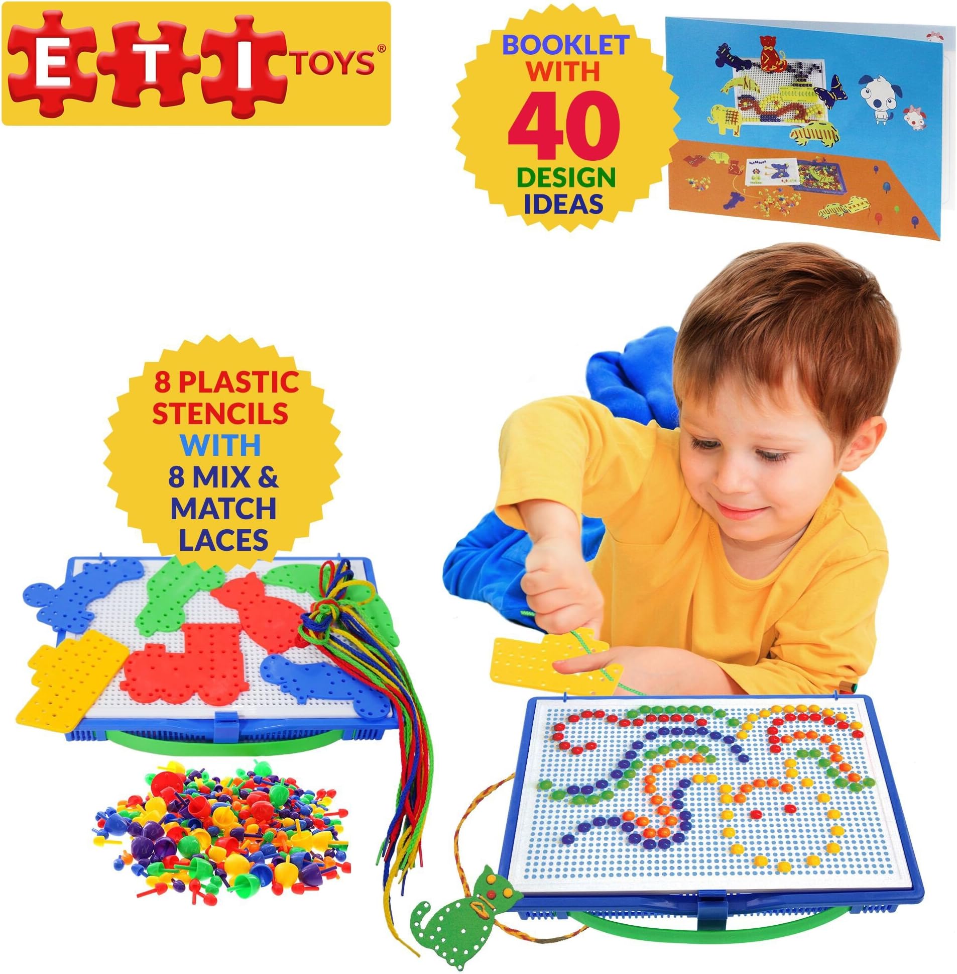ETI Toys | Lace and Pegs with Board for 3, 4, 5 Yr Boys and Girls, 368 Pieces, Endless Drawings! 100% Non-Toxic Safe Materials, Fun Learning, Creativity & Skills Development! Best Gift for 3 - 5 Yrs.