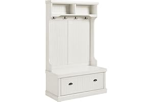 Crosley Furniture Seaside Hall Tree with Shoe Rack Bench and Coat Hooks for Hanging Storage, Distressed White