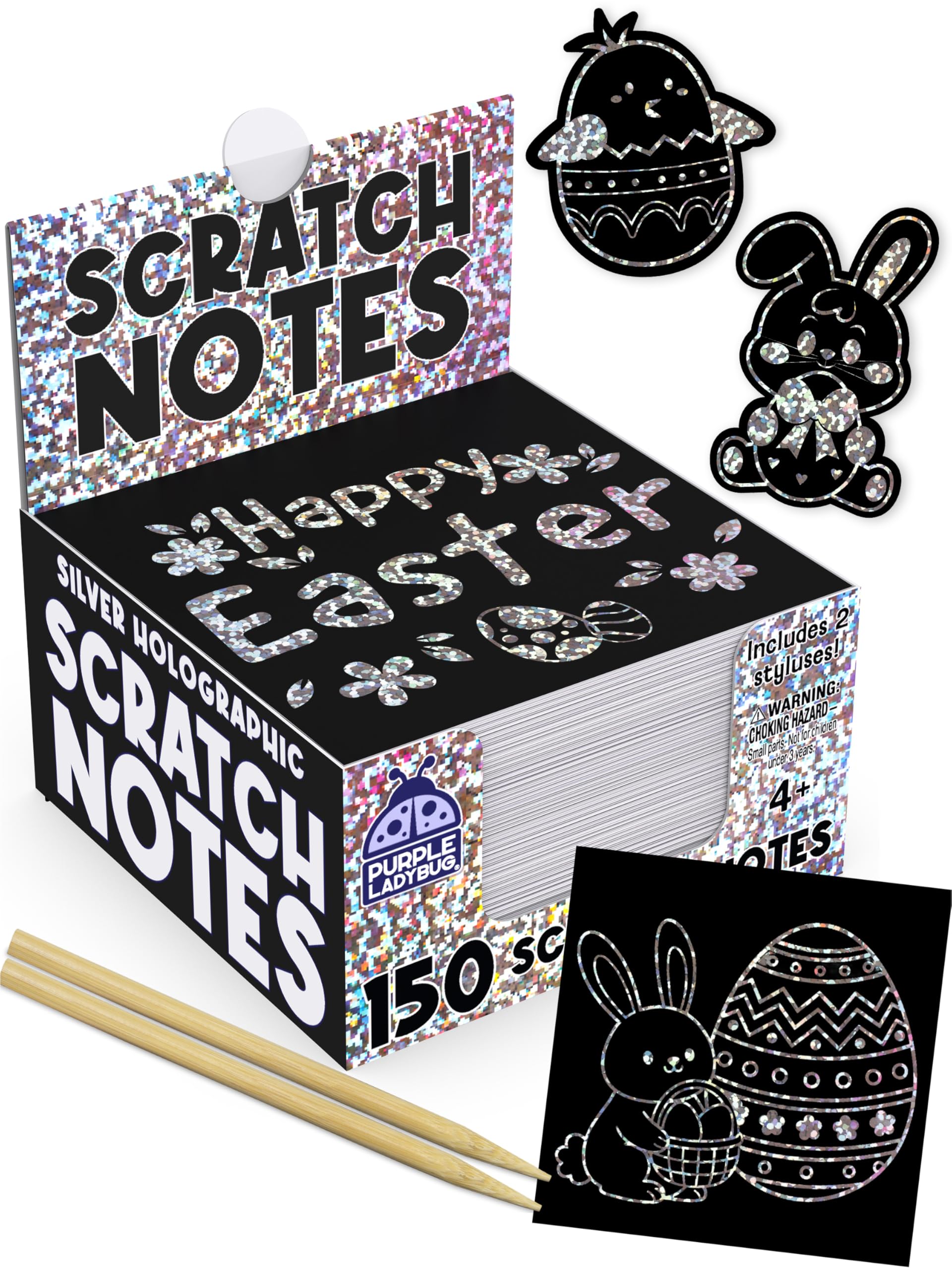 PURPLE LADYBUG Scratch Art Notes for Kids and Teens - 150 Sheets - Easter Basket Fillers, Kids Arts and Crafts, Birthday Present for Girls and Boys, Easter Crafts Activity (Silver Holographic)